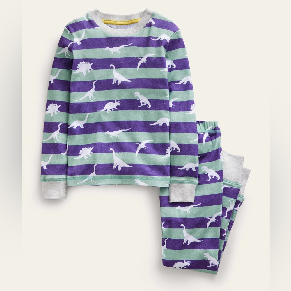Mini Boden Green Smoke Glow-in-the-Dark Dinosaurs Blue Green Stripes Pajama Set - Picture 4 of 5
